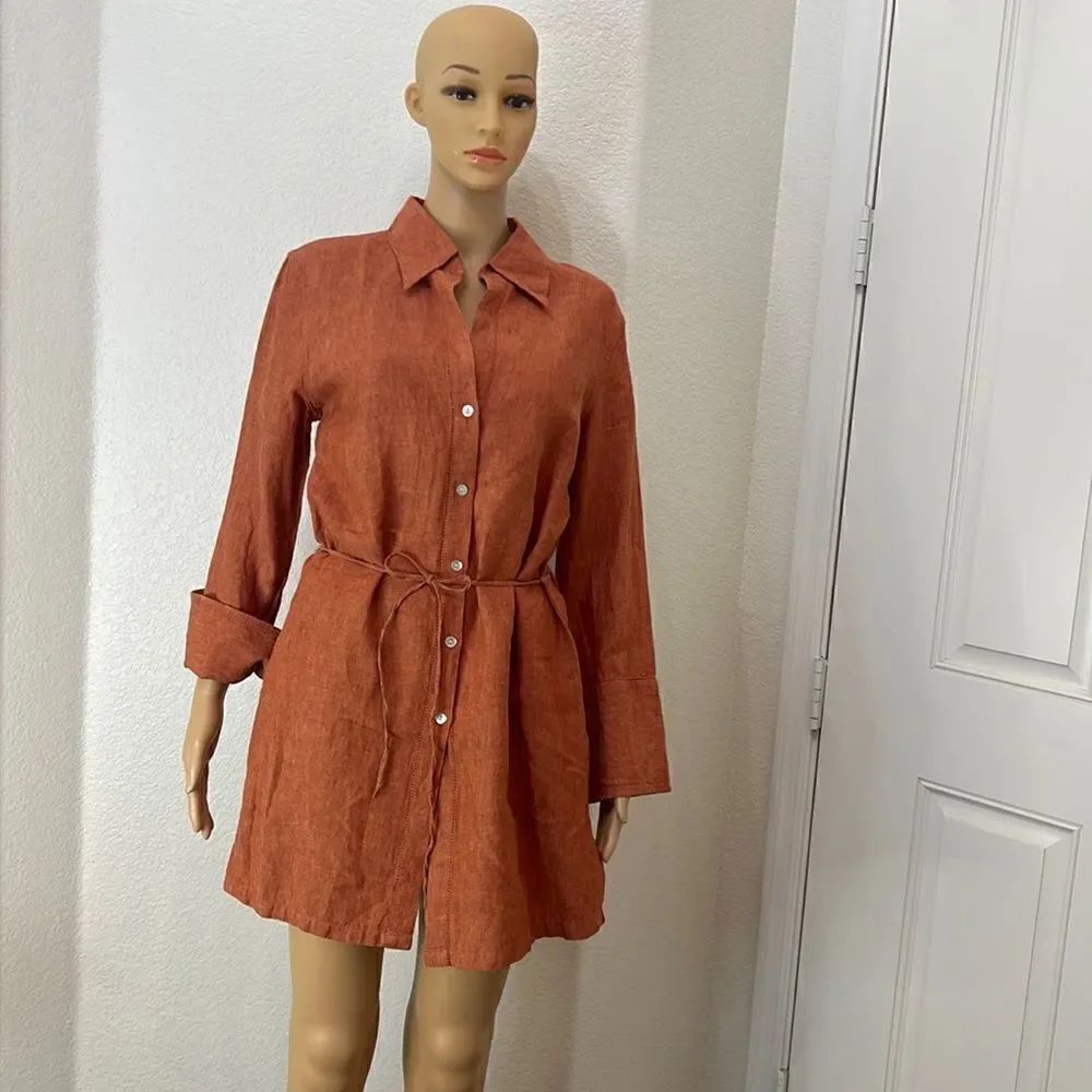 Camaieu Tunic Dress 💯 Linen Collar V Neck Rust Burnt Orange Belted 3/4 Sleeves